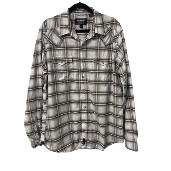 ROUGH STOCK BY PANHANDLE SLIM SHIRT PEARL SNAP WESTERN EMBROIDERED MENS XL PLAID - Picture 1 of 13